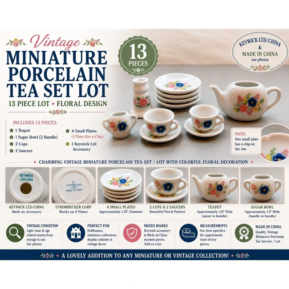 Vintage Miniature Porcelain Tea Set 13pc Floral Strombecker Keywick Dollhouse